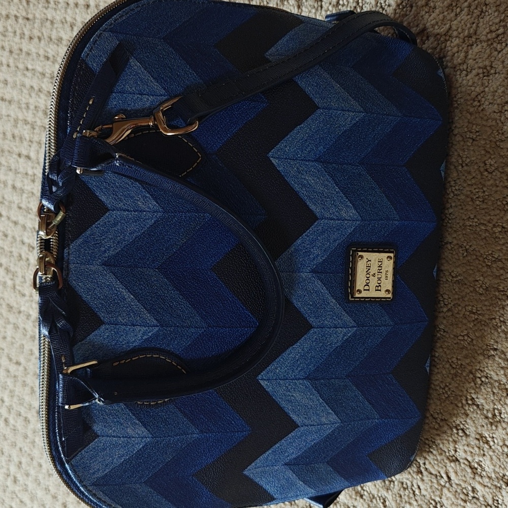 Dooney & Bourke Blue/Black Chevron Zip Zip Satchel with Crossbody Strap